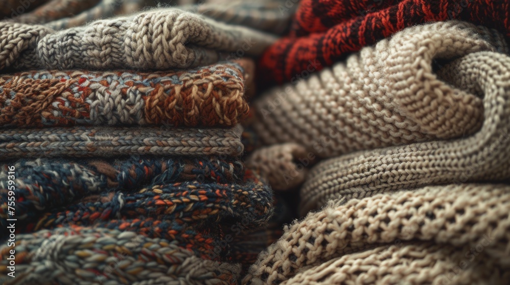 Fototapeta premium A pile of sweaters stacked on top of each other. Suitable for fashion or winter clothing concepts.