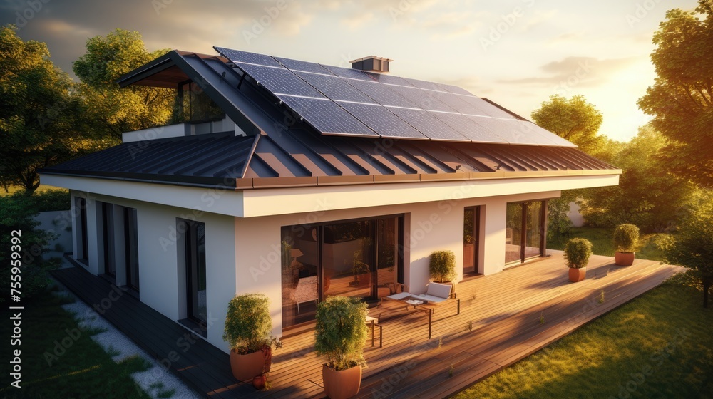 Photovoltaic solar panels installed on the roof of a building to generate clean ecological electricity. The concept of renewable energy production. Ecology. Photovoltaic solar panels installed on the roof of a building to generate clean ecological electricity. The concept of renewable energy production. Ecology.