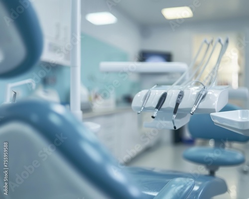Multiple dental chairs arranged in a clinical setting in a dental office.