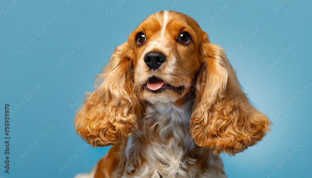 Looking so sweet and full of hope. English cocker spaniel young dog is posing. Cute playful braun doggy or pet is sitting isolated on blue background. Concept of motion, action, movement.