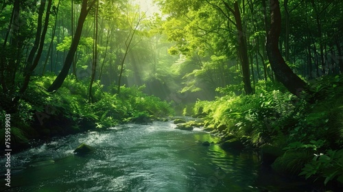 A peaceful stream flowing through a vibrant green forest. Perfect for nature-themed designs.