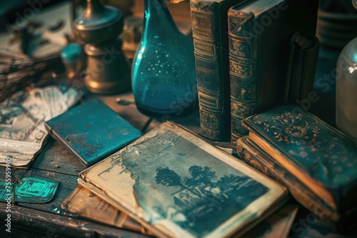 Old books and a blue vase on a table, suitable for educational or literary themes.