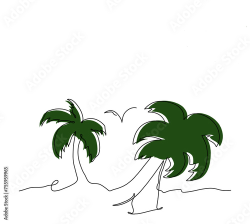 One line continuous color palm tree on the tropical island. Vector sketch nature art.