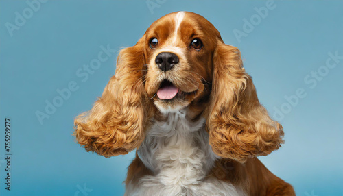 Looking so sweet and full of hope. English cocker spaniel young dog is posing. Cute playful braun doggy or pet is sitting isolated on blue background. Concept of motion, action, movement.