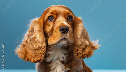 Looking so sweet and full of hope. English cocker spaniel young dog is posing. Cute playful braun doggy or pet is sitting isolated on blue background. Concept of motion, action, movement.