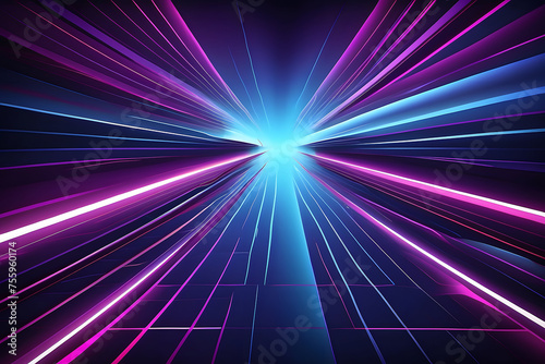 Blue and purple neon laser lines futuristic motion design. Abstract rays technology glowing retro background, Blue and ultraviolet neon laser lines with reflection.