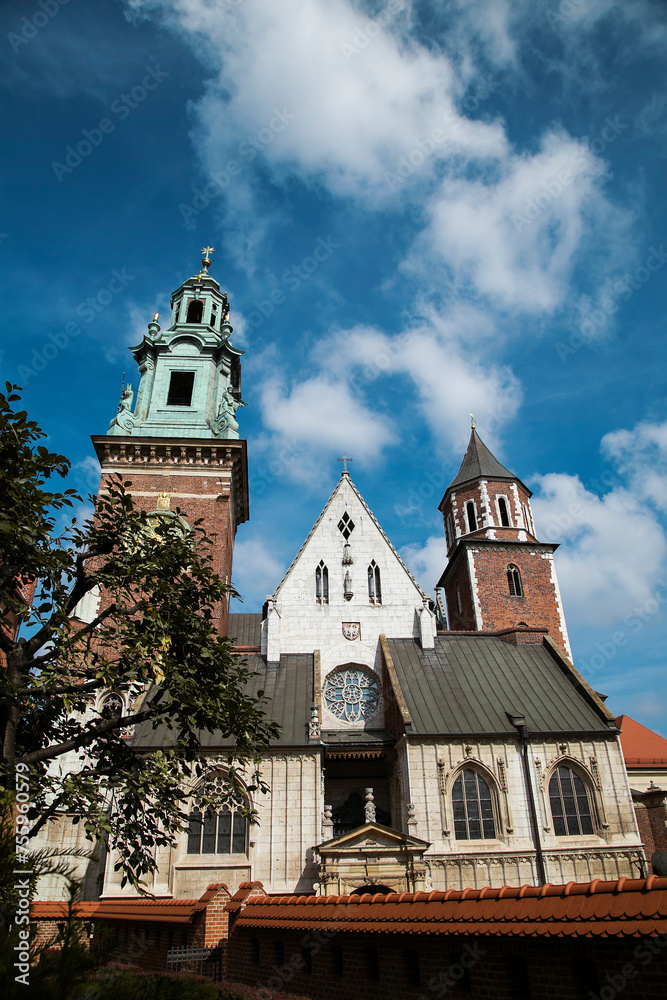 Wawel royal Cathedral in Krakow, Poland on the sunny day at the blue cloudy sky background 