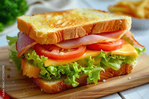 Toast sandwich with cheese, turkey ham, tomato and fresh lettuce on wooden background