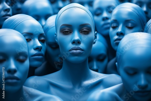 Numerous humanoid figures with blue skin, resembling aliens, gathered together in a crowded setting.