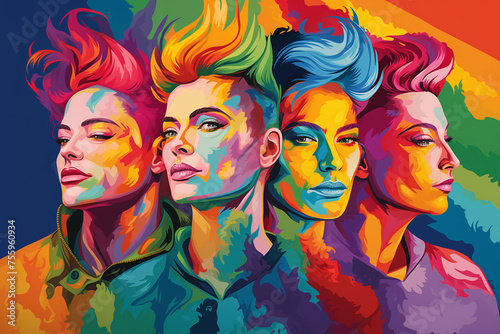 Acrylic Portrait of People Standing Together, Painted with Vibrant Colors to Celebrate Pride Day, Reflecting Unity, Diversity, and Inclusion. Perfect for Honoring LGBTQ+ Community, Promoting Equality