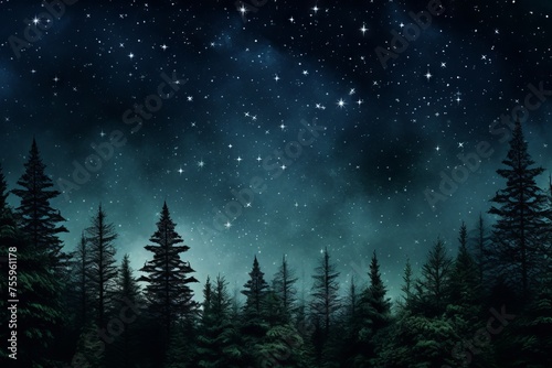 Evergreen tree silhouettes against a starry night sky photo