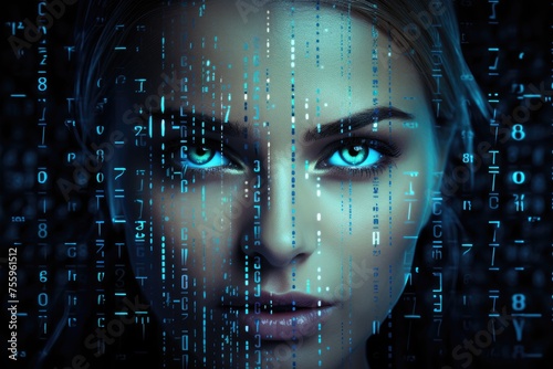 Female face with matrix digital numbers artifical intelligence.
