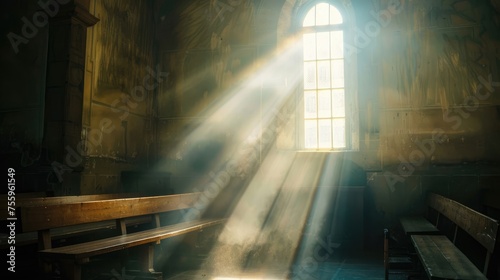 Light falling through a window in an old church with wooden pews. Religious and spiritual enlightenment