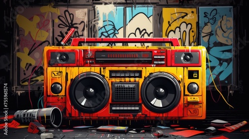 Boombox radio cassette tape recorder and graffiti wall art