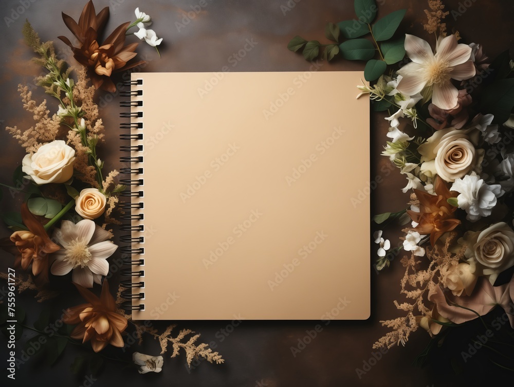 An open notebook lies on a surface, surrounded by various colorful flowers and leaves around it.