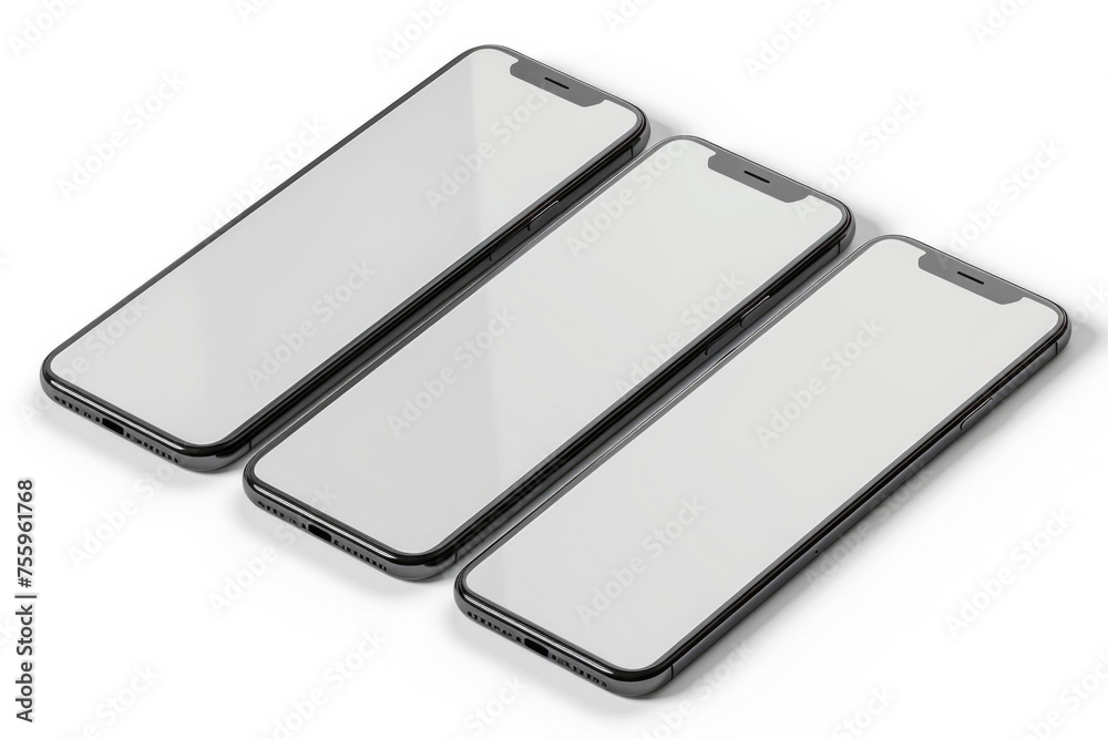 Three modern smartphones in black and white colors on a clean white background. Perfect for technology or communication concepts.