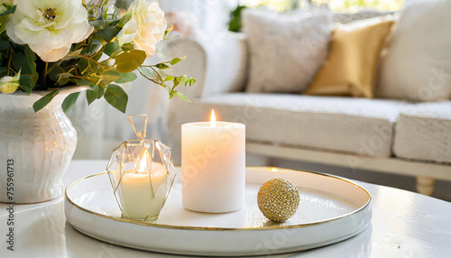 Candles on a wooden table  Minimalism  Luxurious white tray decoration  home interior decor with burning aroma candle with white dry flower