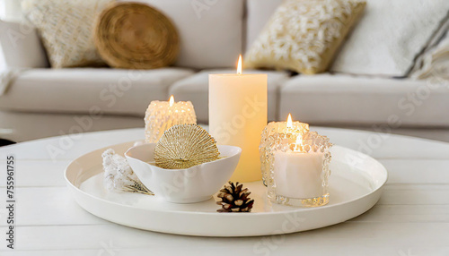 Candles on a wooden table, Minimalism, Luxurious white tray decoration, home interior decor with burning aroma candle with white dry flower