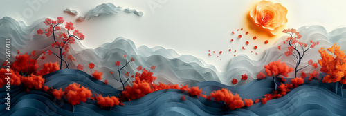 Banner design: Serene landscape with glowing sun and vivid flowers, for peaceful web banner