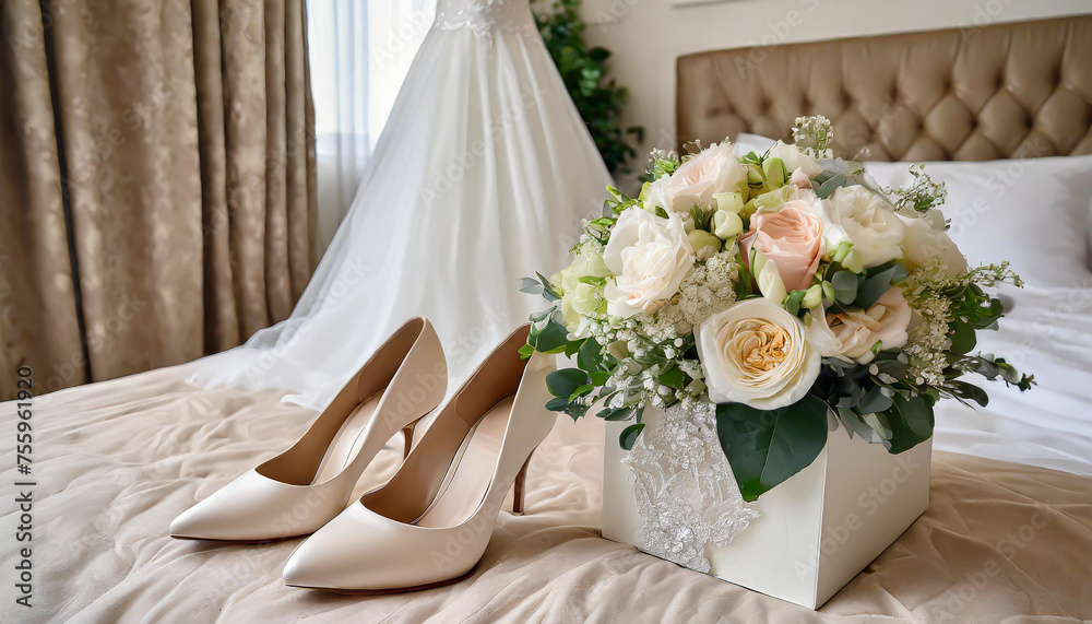Luxury wedding dress in white box, beige women's shoes and bridal bouquet on bed, copy space. Bridal morning preparations. Wedding concept Luxury wedding dress in white box, beige women's shoes and bridal bouquet on bed, copy space. Bridal morning preparations. Wedding concept
