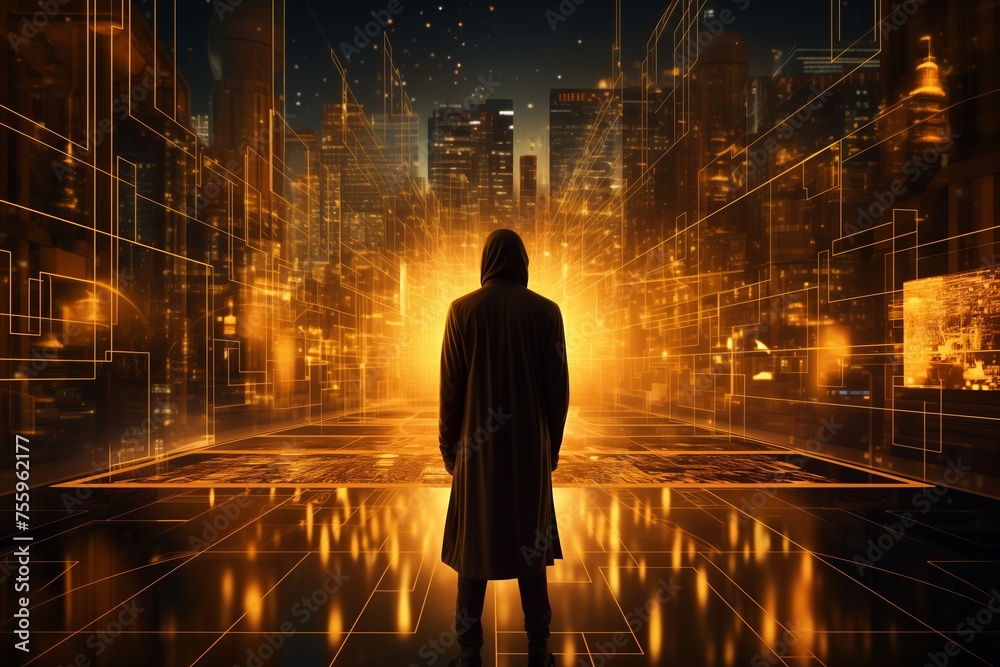A man standing in front of a city skyline at night, gazing at the illuminated buildings and urban landscape. A man standing in front of a city skyline at night, gazing at the illuminated buildings and urban landscape.