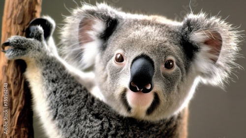 a close up of a koala on a tree with its arms in the air and it s eyes wide open.