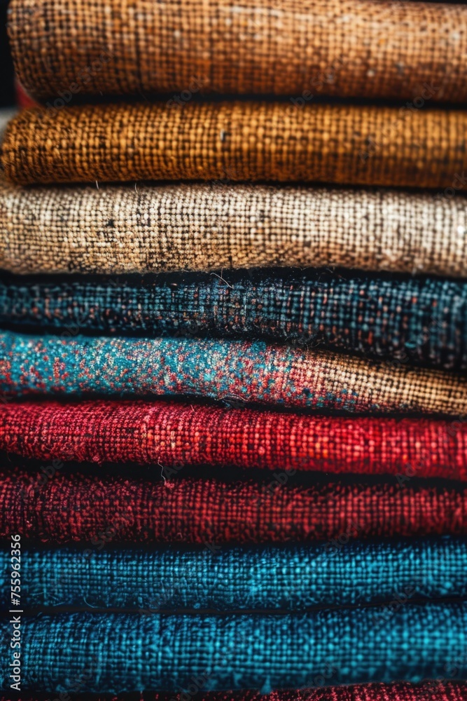 Various colored linens neatly stacked on a table. Suitable for home decor and interior design projects. Various colored linens neatly stacked on a table. Suitable for home decor and interior design projects.