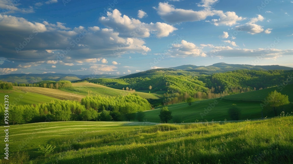 A view of a lush green hillside with a few trees. Suitable for nature and landscape concepts.