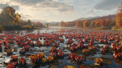 a lake filled with lots of water lilies floating on top of a lush green forest filled with lots of trees.