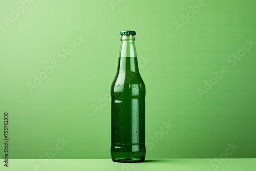 A green soda bottle placed on top of a wooden table, standing upright.