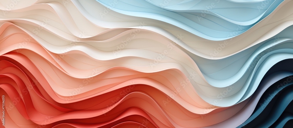 A vibrant wave pattern in electric blue, carmine, and peach hues painted on a natural material wall. A unique art piece combining rock and wood elements A vibrant wave pattern in electric blue, carmine, and peach hues painted on a natural material wall. A unique art piece combining rock and wood elements