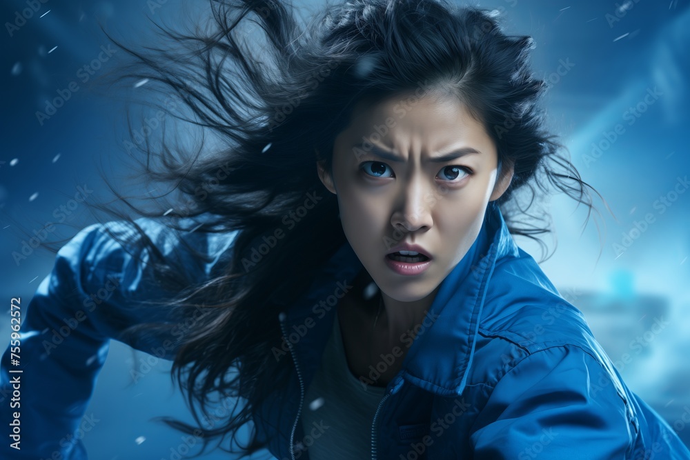 A woman wearing a blue jacket stands with her hair blowing in the wind. A woman wearing a blue jacket stands with her hair blowing in the wind.