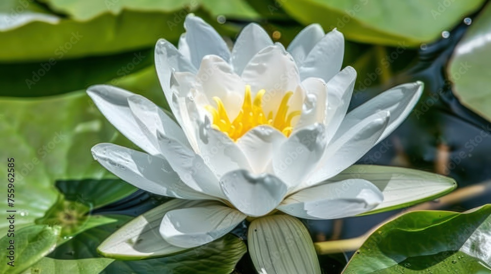 a close up of a white and yellow waterlily in a pond with lily pads and water lilies. a close up of a white and yellow waterlily in a pond with lily pads and water lilies.