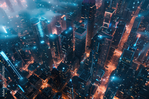 Smart city infrastructure connected to global internet network via wireless network that uses future data communication technology AI Generative