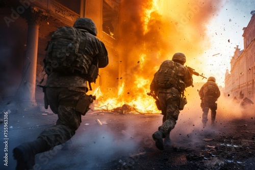 Group of soldiers in military uniforms running in front of a large fire.