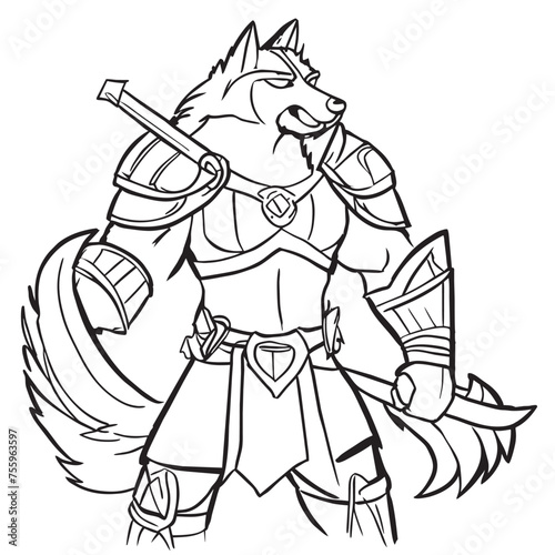 fantasy wolf warrior, vector illustration line art