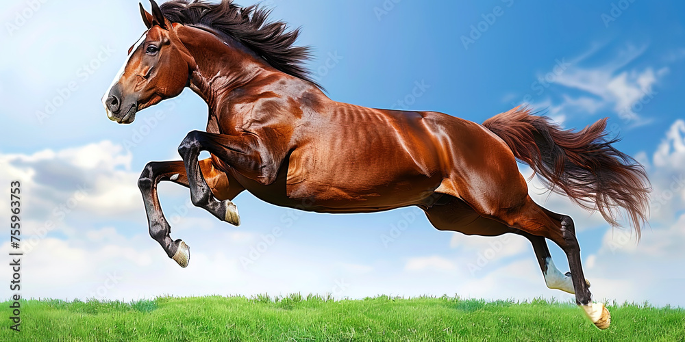 A brown horse is mid-air, leaping energetically - obrazy, fototapety, plakaty 