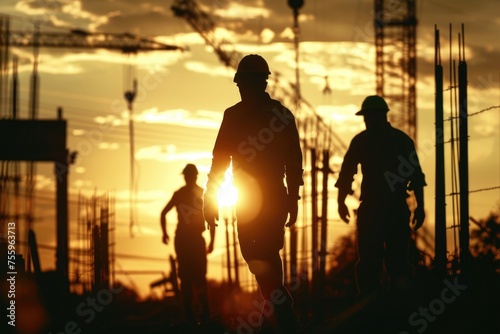 Silhouetted construction workers against setting sun, perfect for construction industry projects.