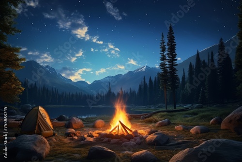 A campfire under a starry night sky in the wilderness, evoking a sense of wanderlust