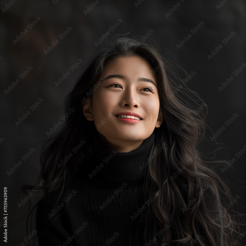 Portrait photography long-haired Chinese young woman in a black sweater 02