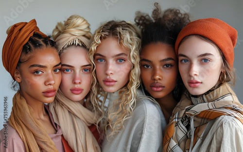 cinque giovani modelle di diversa etnia vestite con tessuti dai colori tenui e invernali