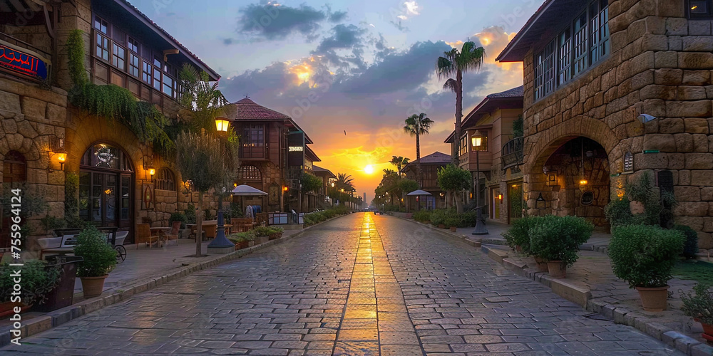 Cobblestone street with a sunset in the background