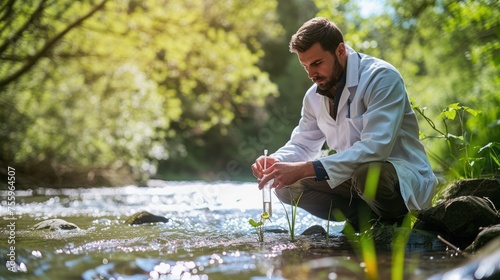 A man, wearing a lab coat, collects water from a river, amidst a beautiful natural landscape with happy people, trees, grass, and a serene lake. AIG41 photo
