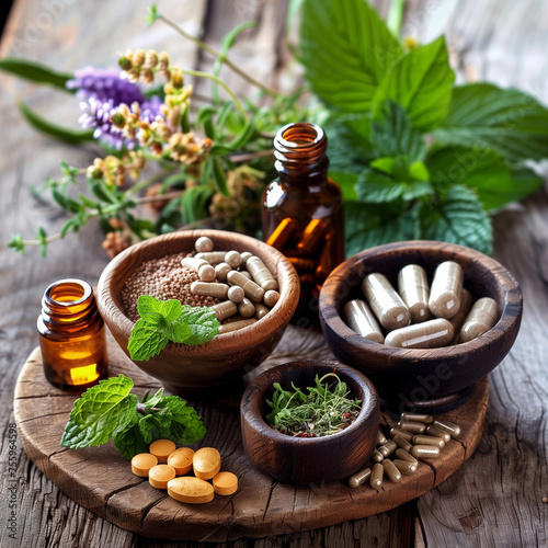 natural holistic medicinal ingredients and capsules in a bowl photo