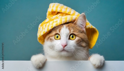 Funny white cat in a yellow towel on his head