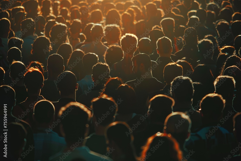 Large group of people standing in front of a bright sun. Suitable for various concepts and designs. - obrazy, fototapety, plakaty 