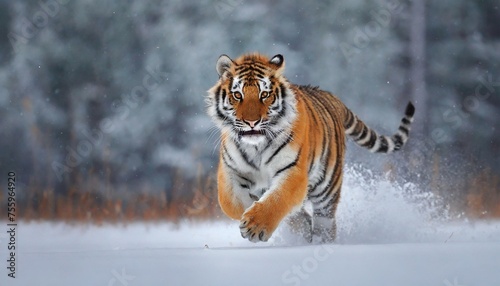 Tiger in wild winter nature Amur tiger running in the snow