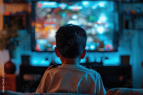 A young boy sitting on the floor in front of a television screen.