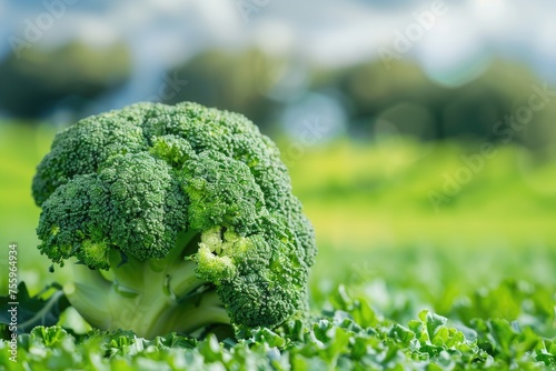 A vibrant head of broccoli stands proudly in the center of a lush green meadow, basking in the natural beauty of its surroundings