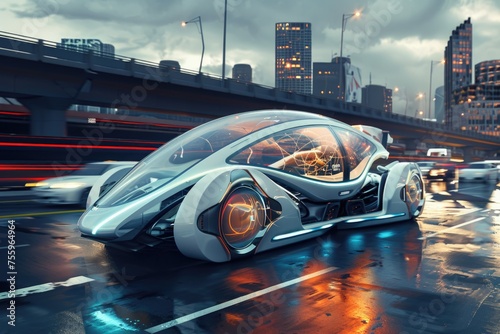 A sleek, modern car with advanced technology is seen cruising down a busy city street, surrounded by skyscrapers and futuristic buildings © Konstiantyn Zapylaie